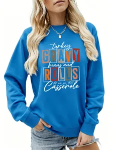Sweat-shirt bleu pour femme avec imprimé de lettres Thanksgiving, pull casual à manches longues.