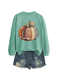 Women's cute autumn football pumpkin graphic mint green crewneck long sleeve sweatshirt.