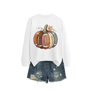 Women autumn long sleeve graphic sweatshirt featuring football pumpkin with denim shorts set.