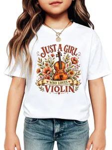 T-shirt blanc pour enfant avec motif de violon et impression florale en gros plan.