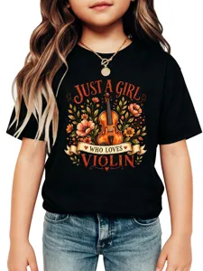 Joli t-shirt noir à manches courtes pour fille avec un superbe imprimé violon et fleurs.