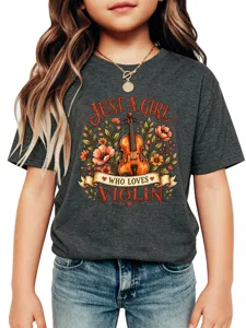T-shirt pour enfant avec un joli violon vintage et des fleurs et un texte inspirant.