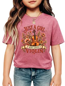 Joli t-shirt enfant avec motif violon, haut rose à manches courtes pour filles mélomanes.