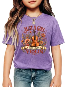 T-shirt violet pour enfant à manches courtes avec joli motif graphique violon fleurs.