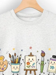 Felpa girocollo a maniche lunghe da donna con stampa di articoli d'arte carini, top grigio chiaro.