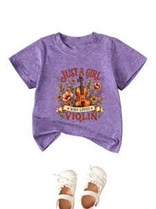 T-shirt manches courtes violet pour enfant avec motif graphique floral de violon.