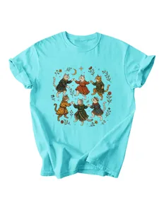 Vrouwen Casual Leuke Kat Bloem Maan Ster Print Korte Mouw T-Shirt Lichtblauw Top