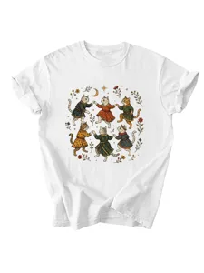 Casual dames korte mouw t-shirt met schattige vintage dansende katten grafische print.
