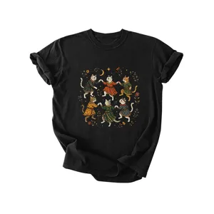 Dames vintage kat dans grafische korte mouw zwart t-shirt casual schattig shirt