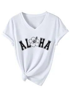 T-shirt blanc décontracté à manches courtes et col en V pour femme avec imprimé Aloha.
