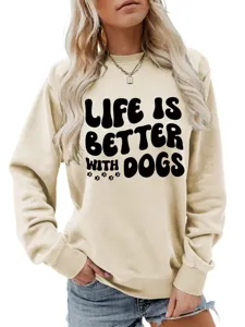 Damen modisches Freizeit Sweatshirt mit Rundhalsausschnitt und Hundemotiv im Alltag.