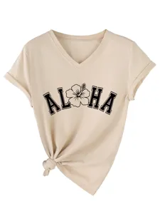 T-shirt femme décontracté à col V et manches courtes avec imprimé Aloha et élégant nœud.