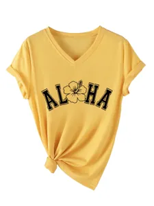 T-shirt femme décontracté col V manches courtes imprimé fleur Aloha nœud jaune