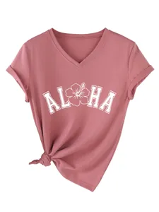 T-shirt femme col V manches courtes avec imprimé floral tendance et bas noué décontracté.