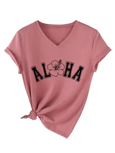 Femme t-shirt décontracté col V manches courtes rose haut imprimé ALOHA nœud bas.