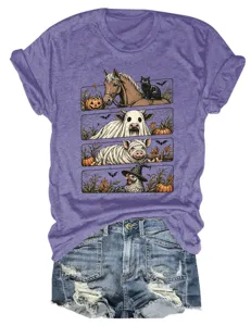Camiseta morada de manga corta con divertido diseño animal de Halloween y pantalones cortos vaqueros.