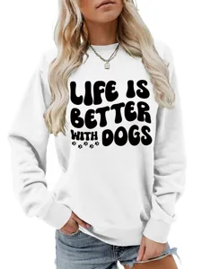 Damen weißer Langarm Sweatshirt Pullover mit süßem Hunde Spruch Print Freizeitkleidung.