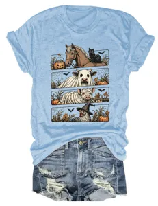 Camiseta gráfica casual de Halloween para mujer de manga corta con bonitos estampados de animales.