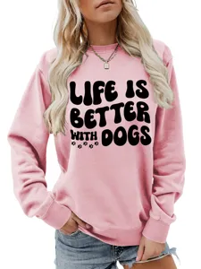 Damen rosa bedruckter Pullover Freizeit Langarm Rundhals Oberteil mit niedlichem Hundespruch