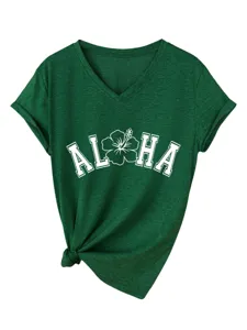 T-shirt femme vert à col V et manches courtes avec imprimé fleur Aloha et nœud chic.