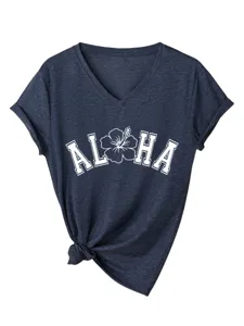 T-shirt femme décontracté col V manches courtes avec imprimé Aloha et nœud.