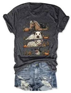 Vista detallada de la camiseta gráfica de animales de Halloween para mujer con diseño divertido.