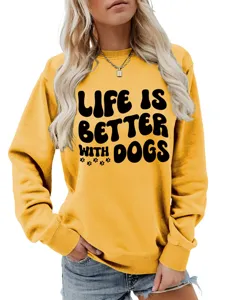 Damen gelber langarm sweatshirt mit niedlichem hund spruch druck freizeit kleidung