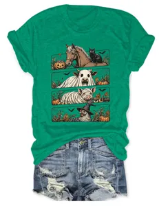 Camiseta verde de manga corta con divertido diseño gráfico de animales de granja Halloween.