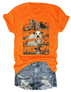 Camiseta naranja con gráfico de animales de Halloween y shorts de mezclilla vista detalle
