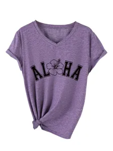 T-shirt décontracté pour femme à col V et manches courtes avec imprimé Aloha et nœud.