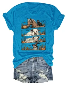 Camiseta azul de manga corta para mujer con gráfico de animales de Halloween vintage.