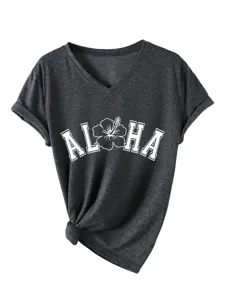 T-shirt femme col V manches courtes haut décontracté motif ALOHA avec un joli nœud.