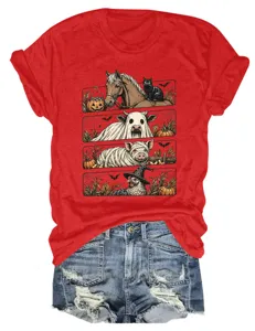Camiseta roja de manga corta para mujer con divertido diseño gráfico de animales de Halloween.
