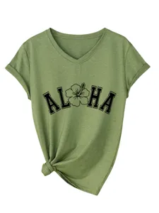 Vue détaillée du t-shirt femme vert olive à col en V, manches courtes et nœud élégant.