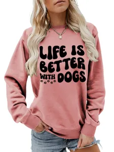 Lässiger Damen rosa Pullover mit Hund Spruch Druck, bequemes langärmliges Sweatshirt Top.