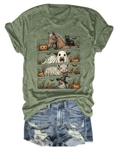 Detalle de primer plano de la camiseta de manga corta con estampado animal de Halloween.