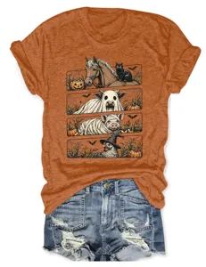 Camiseta de manga corta con gráfico de animales de Halloween para mujer con shorts vaqueros.