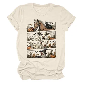 Mujer Casual Halloween Divertido Animal Estampado Manga Corta T-Shirt Cuello Redondo