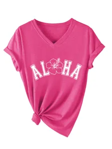 Femme décontractée col V t-shirt manches courtes rose Aloha graphique haut été.