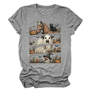 Camiseta gris casual de manga corta con estampado gráfico de animales de Halloween.