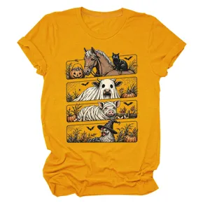 Camiseta amarilla mostaza de manga corta para mujer con divertido gráfico de animales.