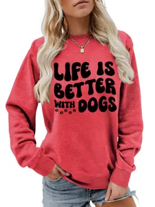 Bequemer roter Damen Langarm Pullover Sweatshirt mit süßem Hunde Slogan Print Design.