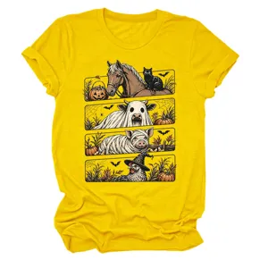 Mujer casual Halloween gráfico manga corta camiseta amarillo lindo estampado animal top