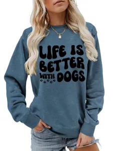 Damen lässiger Langarm Rundhals Pullover mit niedlichem Hunde Buchstaben Print für den Alltag.