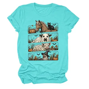 Mujer lindo Halloween gráfico manga corta camiseta casual gracioso animales de granja cuello redondo