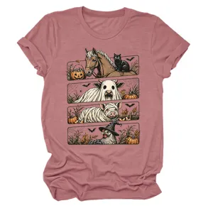 Camiseta divertida de Halloween para mujer, estampado vintage de animales manga corta.