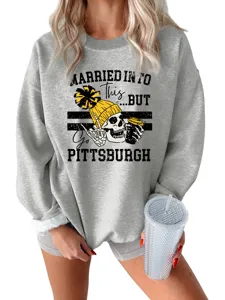 Women gray crewneck sweatshirt casual long sleeve fleece pullover with skull graphic print