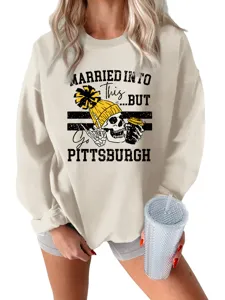 Casual women's crewneck sweatshirt featuring a funny skull graphic and bold letter print design.