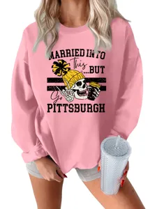 Detailed view of casual women pink skeleton graphic sweatshirt, stylish long sleeve pullover.