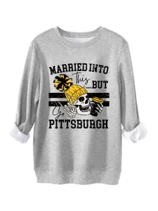 Grey women skull graphic print fleece long sleeve sweatshirt detail view, casual apparel.